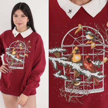 Winter Bird Sweatshirt 90s Red Collared Sweater Cardinal Snow Birds Shirt Grandma Kawaii Scalloped Collar Vintage 1990s Morning Sun Large L 