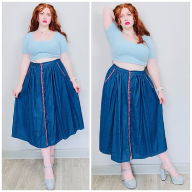 1980s Vintage Dark Wash Cotton Elastic Midi Skirt / 80s Red Plaid Trim Fit and Flare Button Denim Skirt / Size Large - XL 