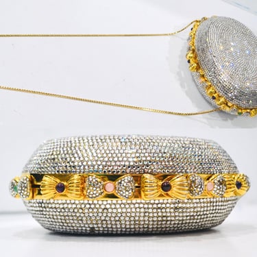 Vintage Judith Leiber Gold Bow Evening Bag Swarovski Crystal Minaudiere Gold Bow Silver Gold Clutch Bag Purse Wedding Bag Oval Bow Clutch 