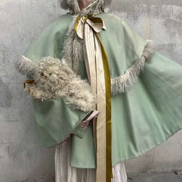 Antique Victorian Green Wool Cape Coat Mongolian Lamb Fur Trim Ribbon Vintage
