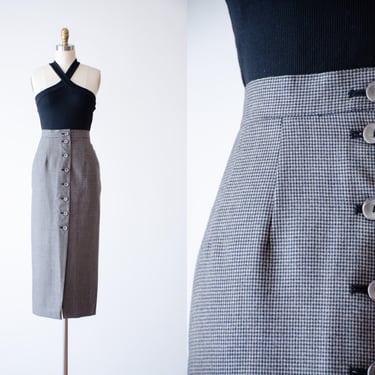 plaid wool skirt | 90s vintage Harvé Benard black gray houndstooth dark academia longline pencil skirt 
