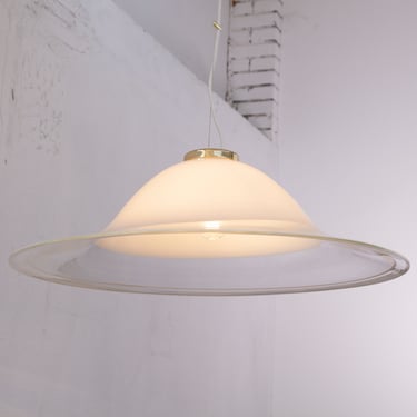 Large Italian glass pendant Lamp Ø70 cm, Murano Glass chandelier with incalmi in white 1980s Made in Italy 