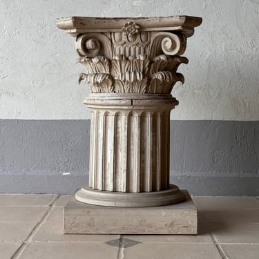 Short 19th C. English Carved & Painted Corinthian Pedestal