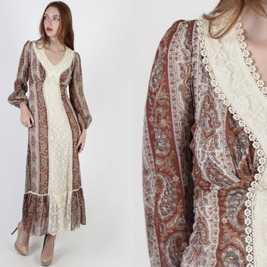 Vintage 70s Rustic Country Dress / Ivory Floral Paisley Renaissance Maxi / Bohemian Hippie Festival Long Dress 