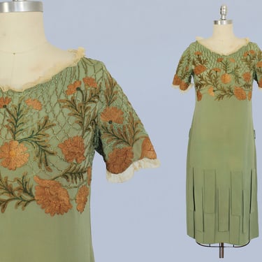 1920s Dress / 20s Sage Green Dress / Embroidered Web and Floral Yoke / Car Wash Hem 