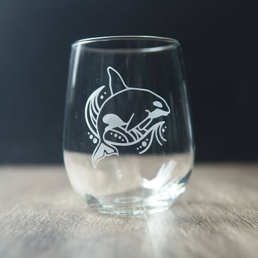 Orca Whale Stemless Wine Glass - engraved barware dishwasher safe 