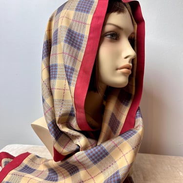 VTG All Silk scarf~ Large rectangular plaid houndstooth print Extra long hair/head scarves neck bows hand rolled burnt orange tan 