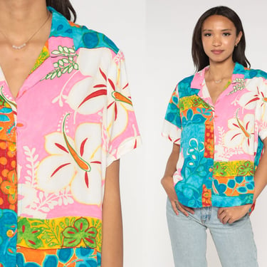 Jams World Shirt Tropical Floral Button Up Blouse Bright Hawaiian Patchwork Summer Top Surfer Watercolor Shirt Beach Sea Extra Large xl 