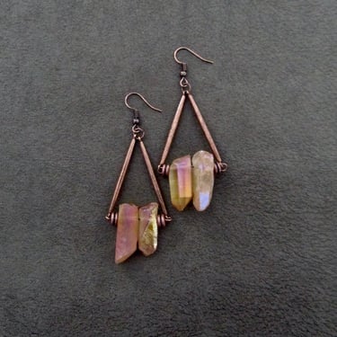 Raw quartz peach crystal earrings, rustic boho chic earrings, unique geode natural bohemian mid century modern brutalist artisan, copper 