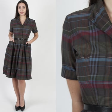 Vintage 50s L'Aignon Mid Century Dress, Muted Plaid House Party Full Skirt Mini 