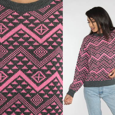 Pink Zig Zag Sweater 90s Grey Geometric Striped Knit Pullover Wool Blend Grunge Boho Hipster Statement Print Crewneck Vintage 1990s Small S 