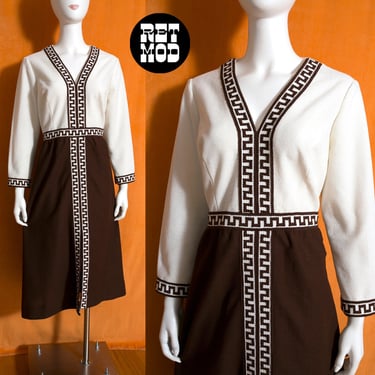 Smart Vintage 60s 70s Brown & White Color Block Poly Dress with Bold Trim 