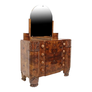 FREE SHIPPING - Antique Italian Art Deco Walnut Commode / Dresser Chest with Arched Mirror 