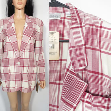 Vintage 90s/80s Liz Claiborne Collection Lightweight Rayon Red Plaid One Button Blazer Size M 