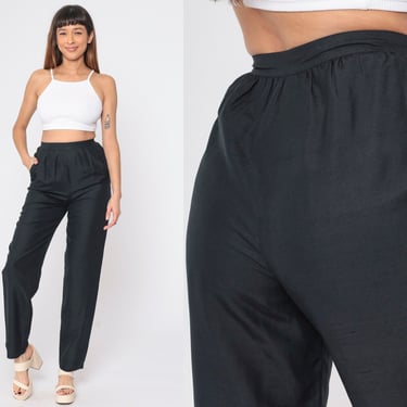 Black Silk Trousers 80s Pleated Pants High Waisted Straight Tapered Leg Slacks Basic Plain Minimal Preppy Vintage 1980s Levante Small 26 