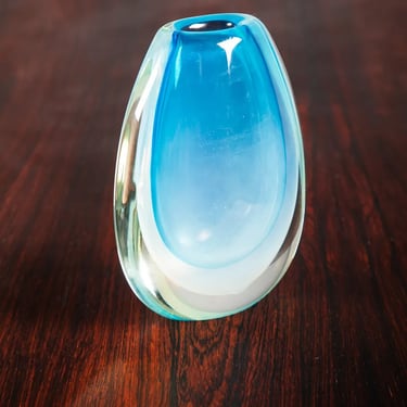 Mid Century Modern Art Glass Vase Blue Sommerso Round Heavy Murano Tear Drop Mcm