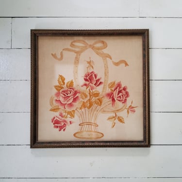Primitive Fabric Painting Floral Folk Art Rose Painting 