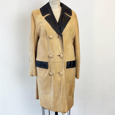Vintage 1960s Tan Suede Brown Leather Trimmed Coat/ 60s Double Breasted Leather Jacket S/M 