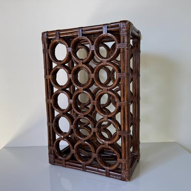 Vintage Rattan and Leather Wine Rack for 15 Bottles 