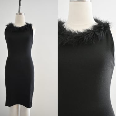 1990s Feather Trimmed Black Knit Dress 