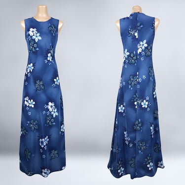 VINTAGE 90s Blue Floral Hawaiian Maxi Dress Sz 9/10 | 1990s Tropical Long Slip Tiki Dress | VFG 