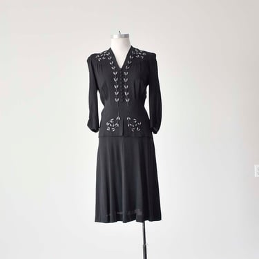 1940s Black Cocktail Dress / Black Beaded Cocktail Dress / 1940s Formal Dress / 40s Rayon Crepe Dress / Beaded WWII Era Dress Medium 