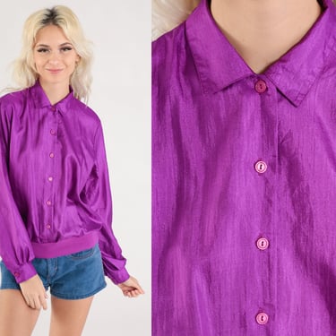 Shiny Purple Shirt 90s Collared Button Up Shirt Long Sleeve Blouse 1990s Banded Hem Slouchy Top Vintage Retro Plain Basic Medium 