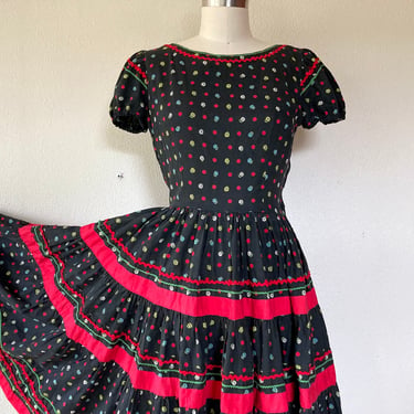 1950s Black and red cotton dress with polka dots and full skirt 