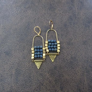 Lava rock chandelier earrings gold and teal 