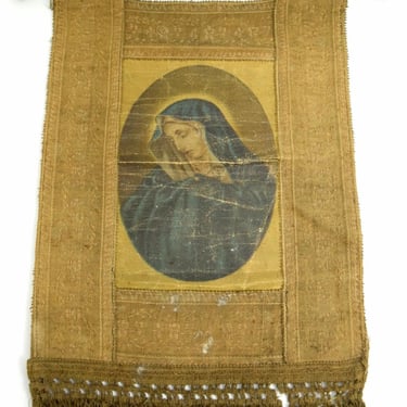 Antique Religious Italian Catholic Banner Mary Our Lady Of Sorrows Oleograph Tapestry Fringe Tassels & Wall Hanging Bar 19th Century 