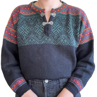 Vintage Volund Womens Norwegian Fair Isle Green 100% Wool Retro Sweater Sz M 