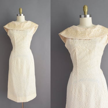 1950s dress | Gorgeous Ivory Sequin Cocktail Party Wiggle Dress | Large | 50s vintage dress 
