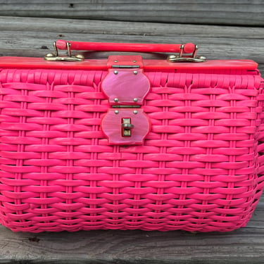 1960s pink basket purse day-glo hot pink woven handbag lucite handle box purse 