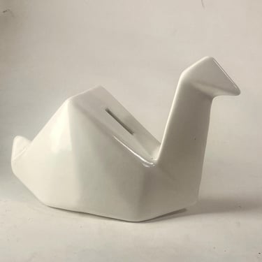Elegant West Elm Ceramic Origami Swan Piggy Bank | Modern Geometric Money Box | Architectural Home Decor | White Ceramic 