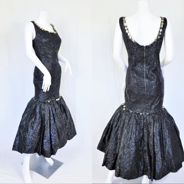 1960's Black Eyelash Lurex Long Burlesque Fistail Hem Gown Dress I Sz Med I Vintage Costume -As Is 