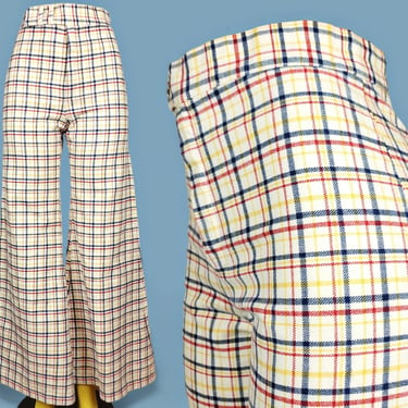 Plaid extreme bell bottoms by HapPY LeGs. 1970s vintage. High rise, ultra wide legs. Blue red yellow. Double clasp trousers. (28.5 x 32.5) 