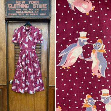 Vintage 1940’s Atomic Penguin Cotton Deco Rockabilly Dress, Novelty Print, Penguin Print, Vintage 1940s Dress, Rockabilly, Day Dress, Deco, 