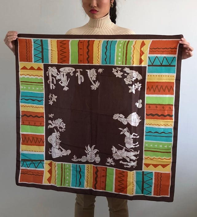 80s southwestern silk scarf cactus print pure silk large square silk scarf 