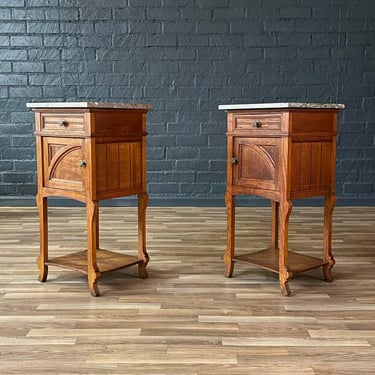 Pair of French Art Deco Style Oak Night Stands with Marble Tops, c.1940’s 