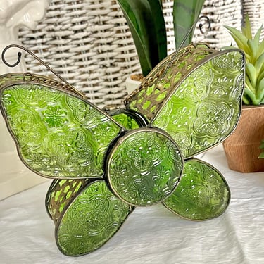 Green Glass Butterfly, Candle Holder, Hanging or Table Top, Cut Out Metal Design, Vintage Home Decor 