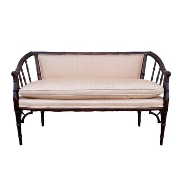 Hollywood Regency Sofa With Faux Bamboo, Fretwork, Spindles and Soft Peach Pink Upholstered Fabric - Vintage Loveseat Settee Bench 