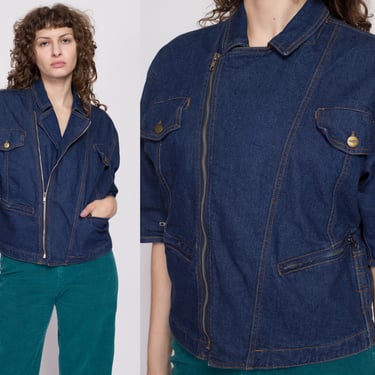 80s Marithe Francois Girbaud Denim Jacket Small | Vintage Oversize Half Sleeve Asymmetrical Zip Up Jacket 