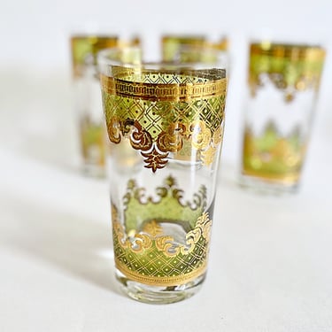 Georges Briard vintage cocktail glasses, Carrara whiskey highball glasses, Green & gold scroll Christmas holiday barware, Gift for the bar 