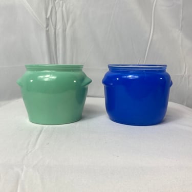 Vintage Glasbake Pair of Honey Whip Jars | Blue & Green Retro Glass Jars | Vintage Pastel Colors Bold Food Jars 