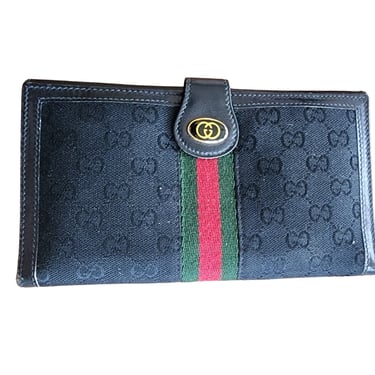 Vintage Gucci Wallet Sherry GG Canvas Monogrammed Red Green Stripe 