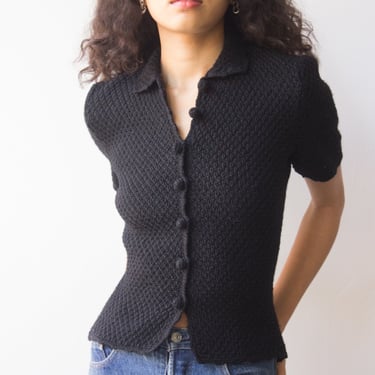 1940s Black Wool Fitted Short Sleeve Cardigan 