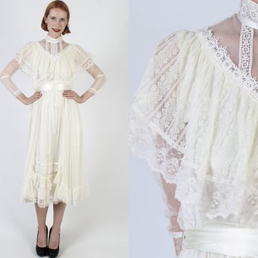 Sheer Lace Gunne Sax Wedding Dress, Vintage 70s Jessica McClintock Gown, Belted Victorian Bridal Hippie Dress 