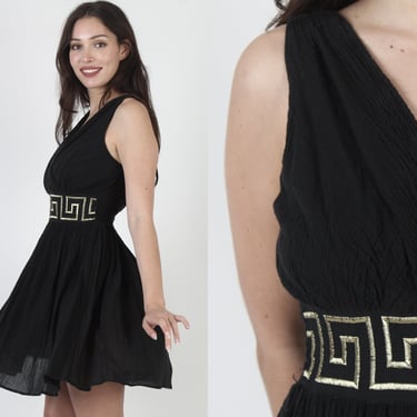 80s Black Grecian Wrap Dress / Thin Cotton Gauze Floral Embroidered Waist / Toga Goddess Deep V Neck Mini 