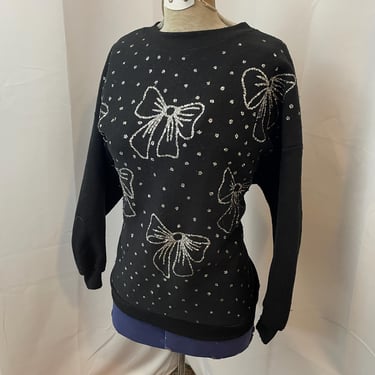 Glitter Bow Sweatshirt Kidcore 1980s Vintage Black Silver M L 