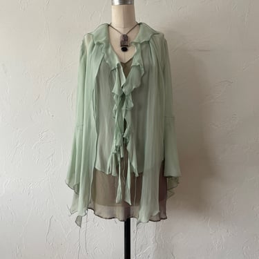 Vintage Patricia Pepe Italian Silk Mint Green Fairy Bell Sleeve Blouse M/L